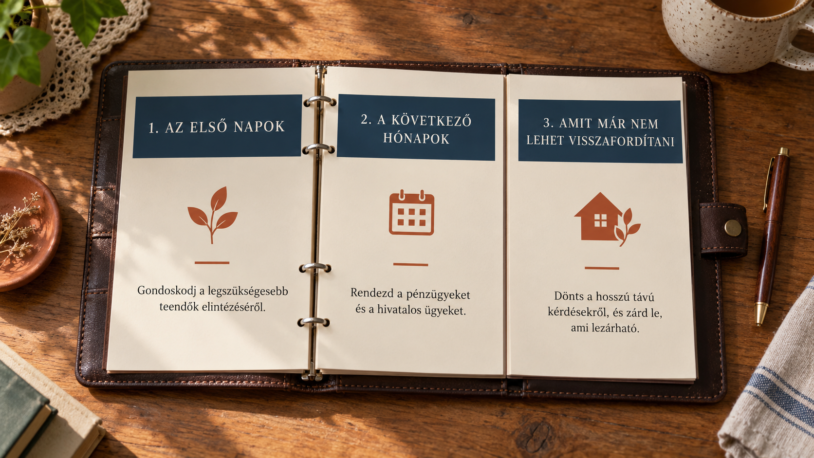 Nyitott Családi Mappa az asztalon, A Három Lépés Módszer íveivel